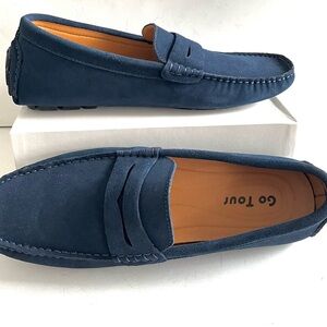 NWOT Go Tour Men's blue suede handmade penny loafers drivers 11